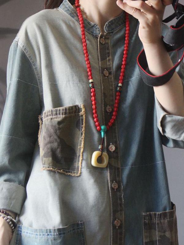 Retro Camouflage Patchwork Loose Denim Rompers