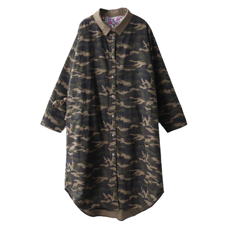 Retro Camouflage Polo Collar Loose Shirt Dress