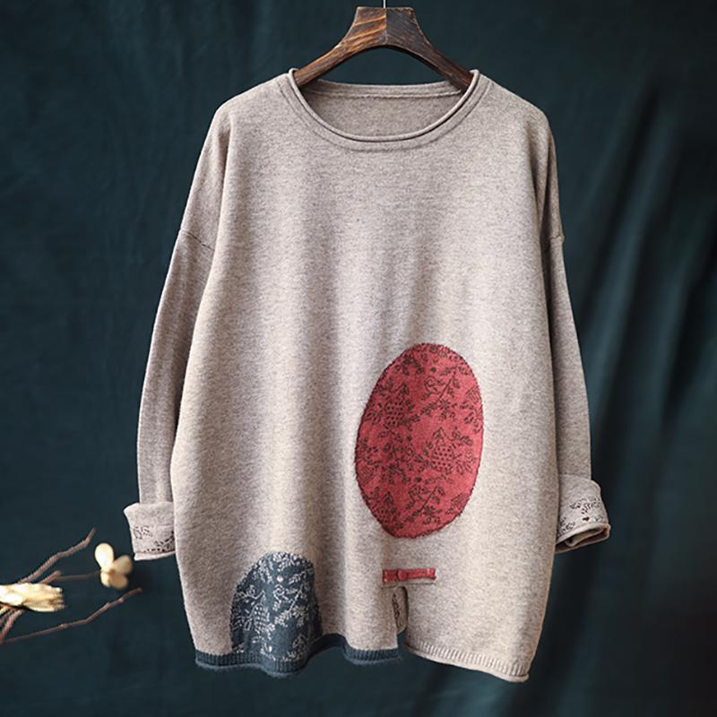 Buykud Retro Casual Pattern Printed Loose Knitted Shirt