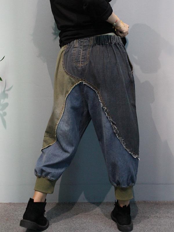Retro Color Matching Colored Patchwork Harem Jeans
