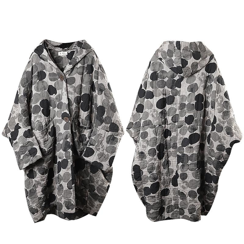 Plus Size - Retro Ink Dot Loose Hooded Overcoat