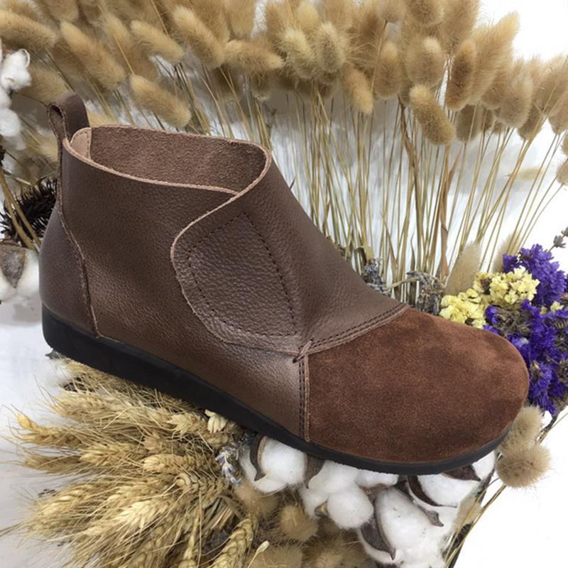 Retro Leather Spliced Women's Low Boots