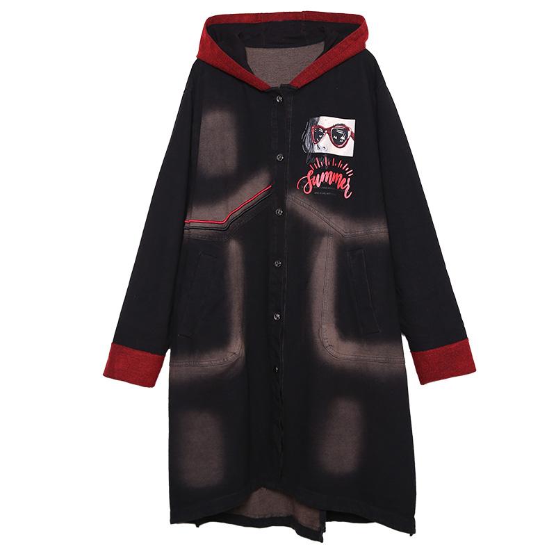 Retro Letter Patchwork Sequins Hooded Trench Coat