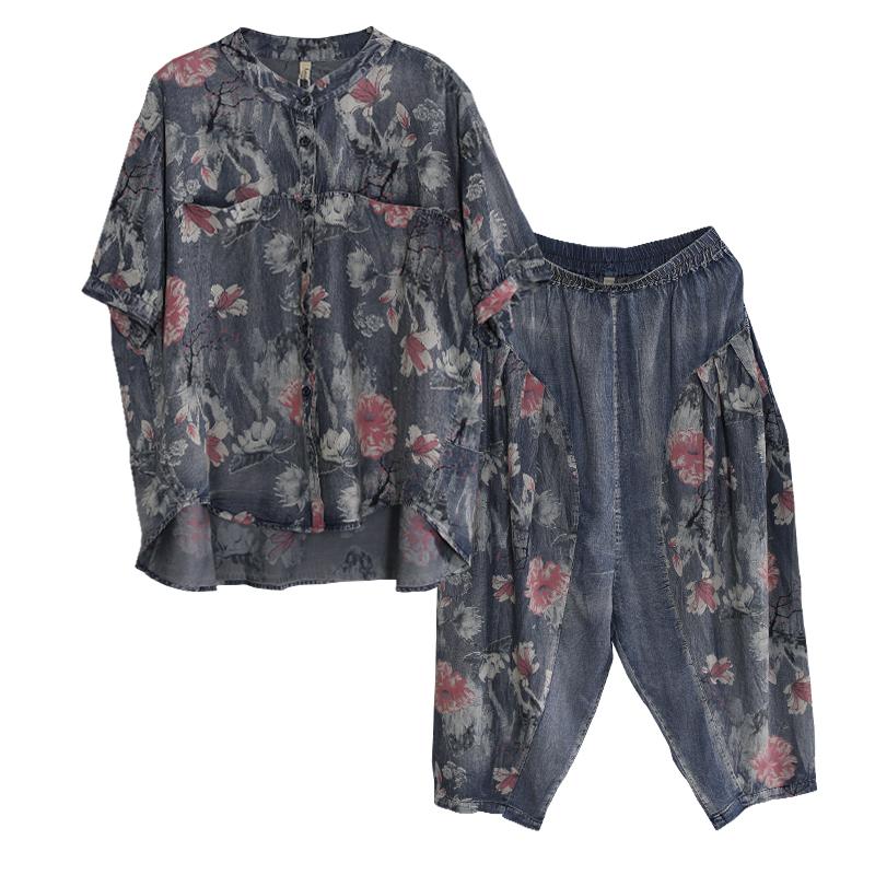 Retro Print Cotton Blouse And Pants