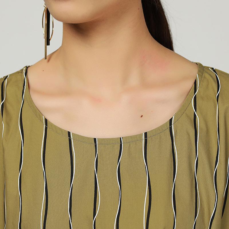 Retro Round Neck Stripe Loose Pocket Dress