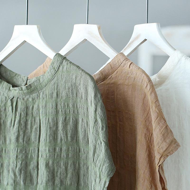 Retro Short Sleeve Solid Cotton Linen Plaid Blouse