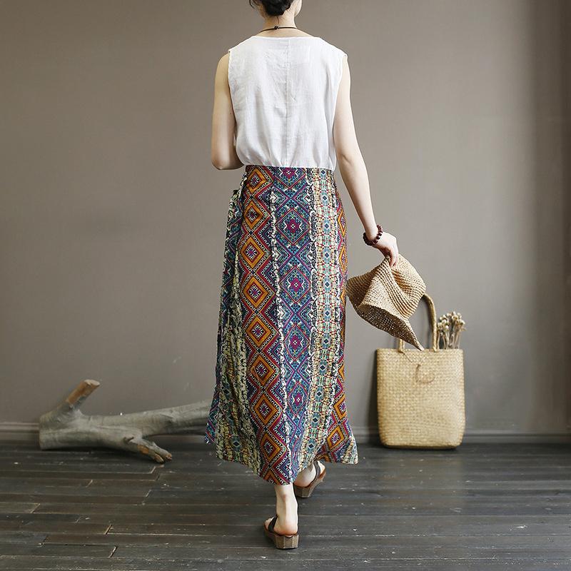 Retro Washed Cotton Linen Print Skirt