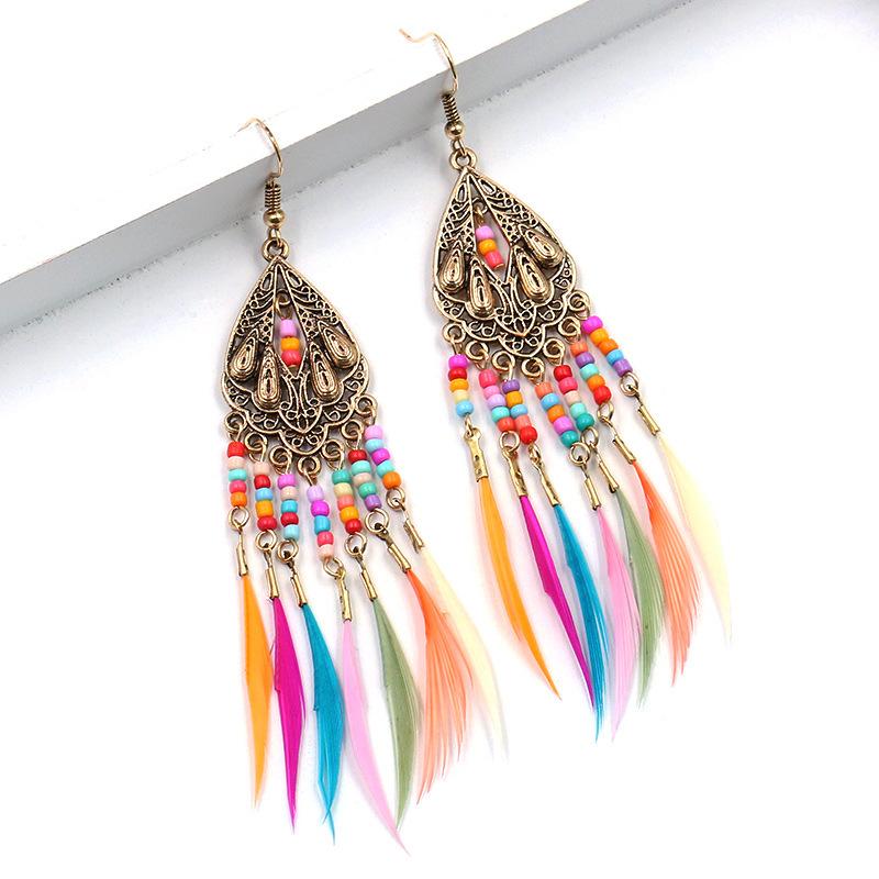 Retro Water Drops Tassel Feather Earrings
