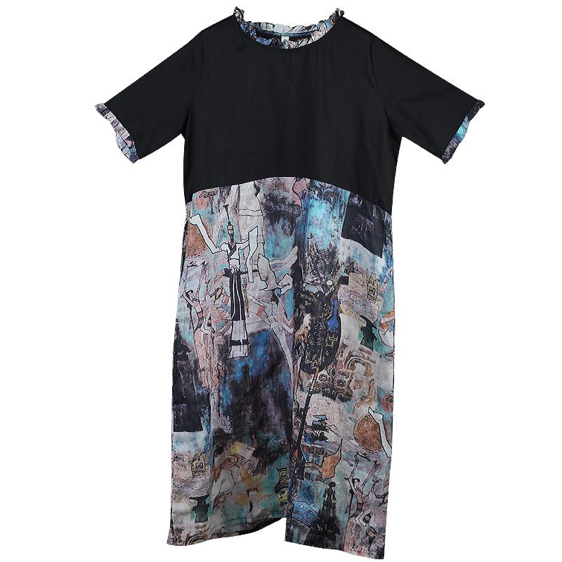 Ruffle Collar Spliced Printed Loose Dress