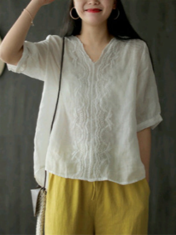 RAMIE LOOSE EMBROIDERED SOLID V-NECK SHIRT