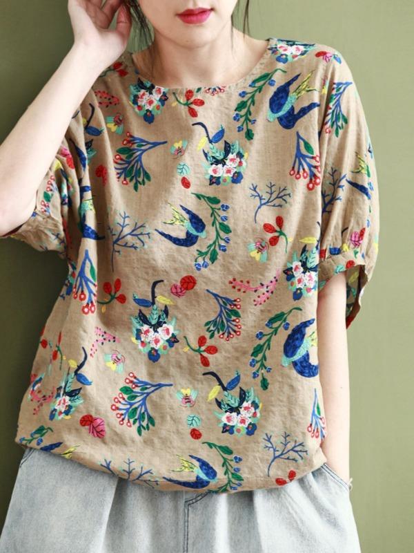 Vintage Flower Print Round Neck T-Shirt