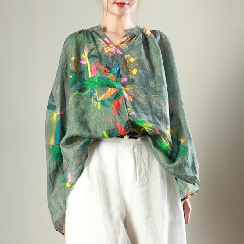 Simple V-Neck Print Long Sleeve Blouse