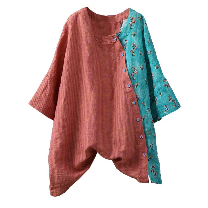 Small Plaid Spliced Floral Printed Loose T-Shirt