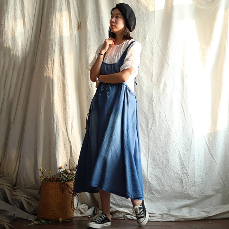 Solid Color Drawstring Denim Suspender Dress