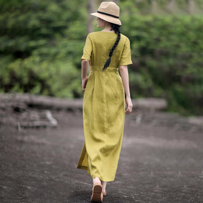 Solid Color Pleated V-Neck Retro Loose Dress