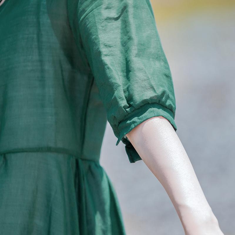 Solid Retro Short Sleeve V-Neck Button Dress