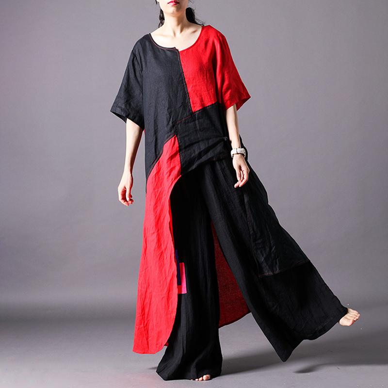 Spliced Irregular Cotton Linen Short Sleeve Blouse