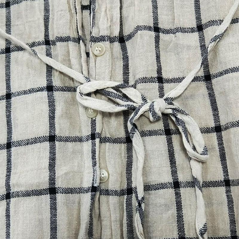 Spring Plaid Women Cotton Linen Drawstring Shirt Dress