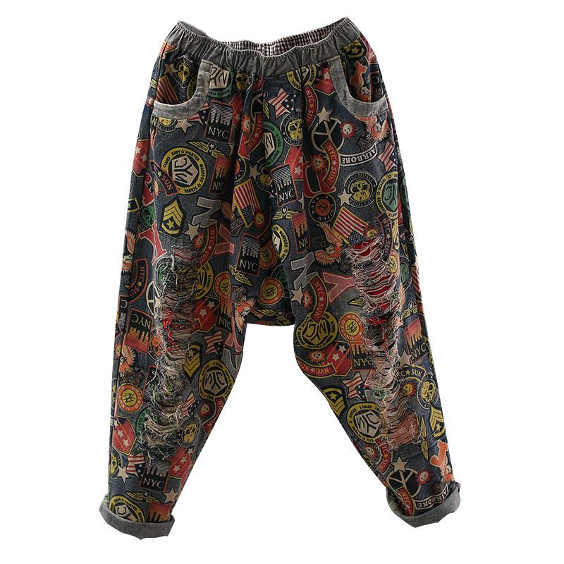 Spring Patchwork Hole Elastic Waist Vintage Jeans