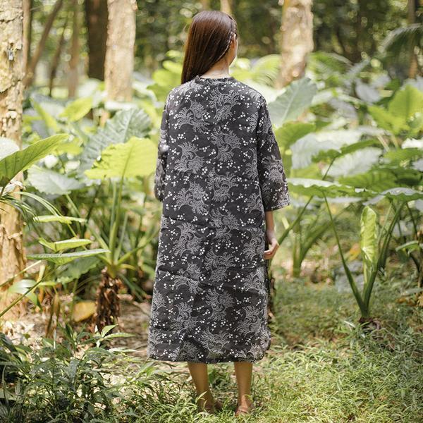 Retro Stand Collar Printed Women Black Dress