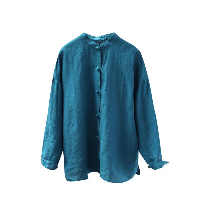 Stand Collar Loose Solid Color Linen Shirt