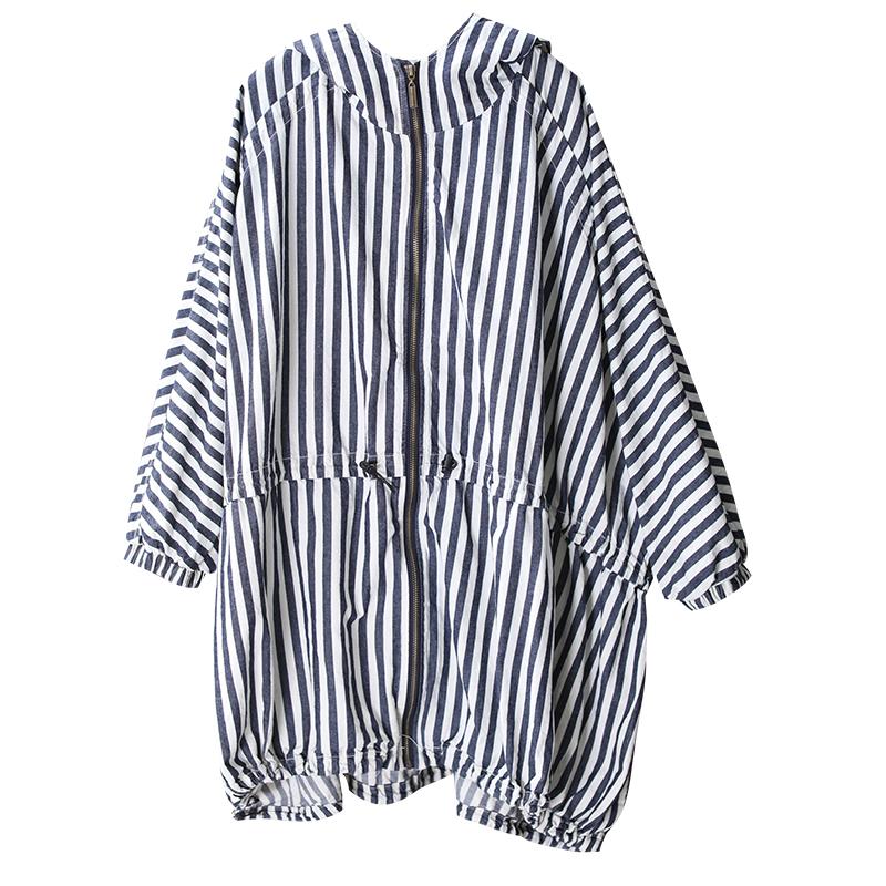 Stripes Drawstring Casual Loose Hooded Coat