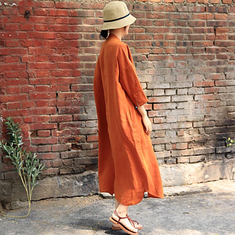 Summer Literary Single Breasted Linen Loose Shirt Dress