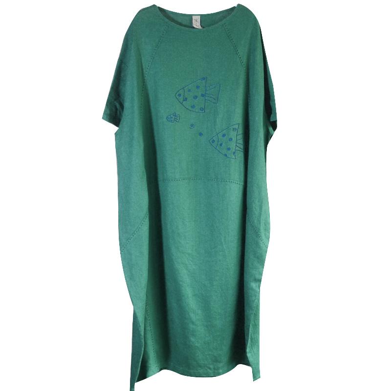 Summer Loose Embroidered Fishes Midi Dress