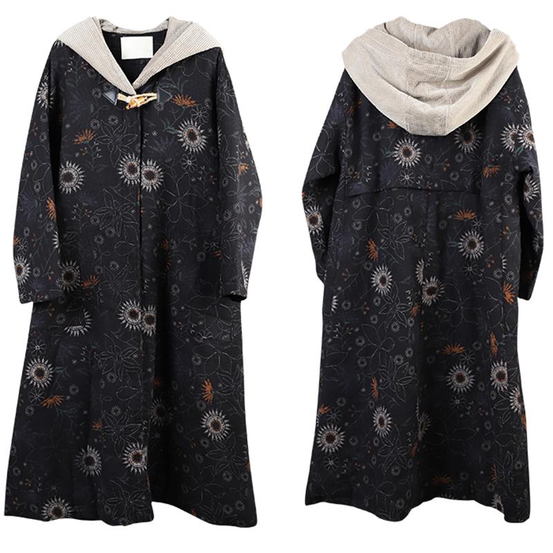 Sunflower Printed Retro Loose Hooded Coat