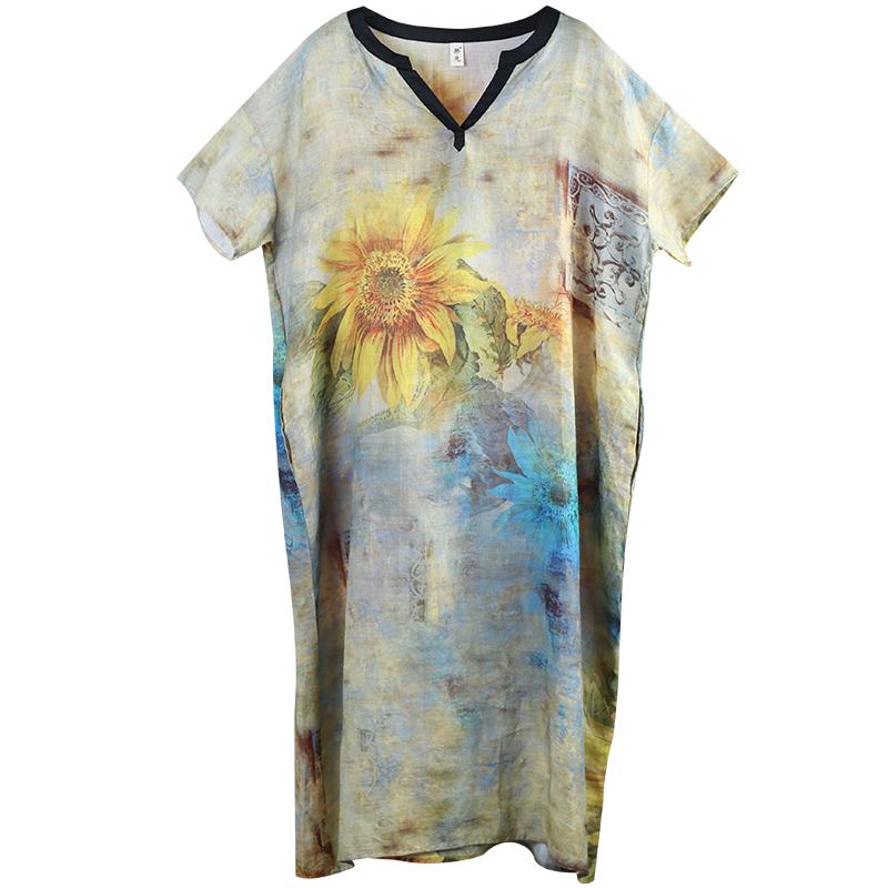 Sunflower V-Neck Loose Comfortabe Thin Dress
