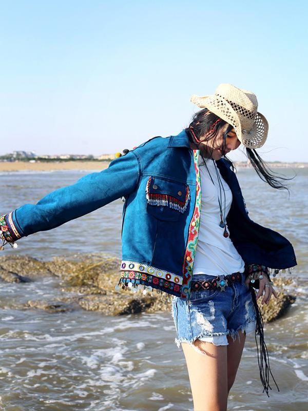 Beautiful Blue Embroidered Stand Collar National Style Jacket Tops