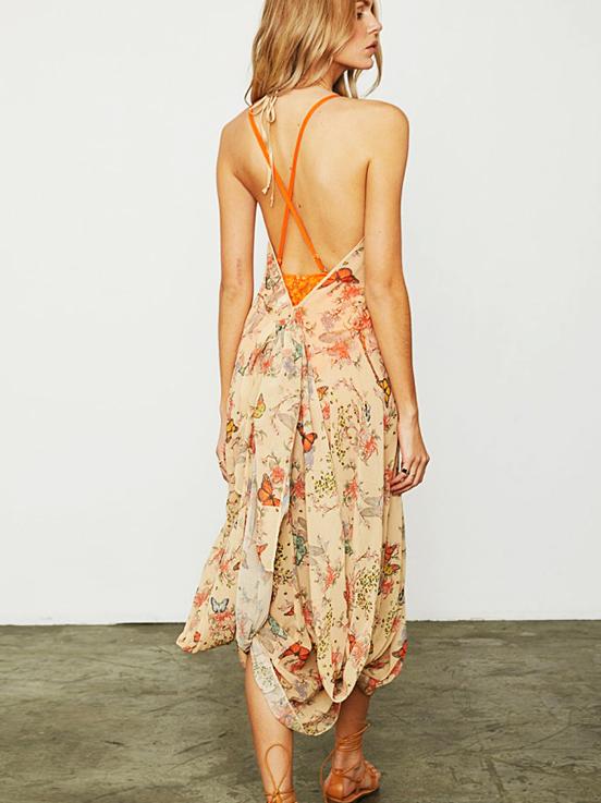 Floral Backless Condole Belt Maxi Dress
