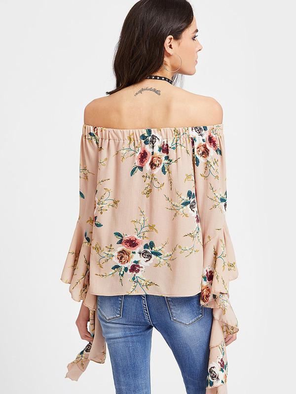 Popular Fashion Floral-Print Off-Shoulder Long Sleeve T-Shirts Tops