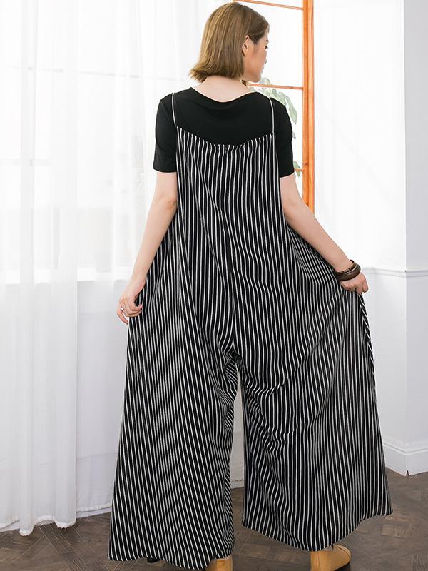 Open Shoulder Loosen Laced Jumpsuit in Black-White Stripes
