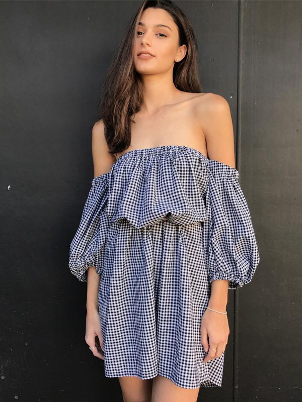 Bohemia Plaid Off Shoulder Long Sleeves Mini Dress