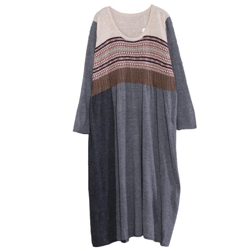 Women Striped Grey Maxi Cotton Sweater Dress