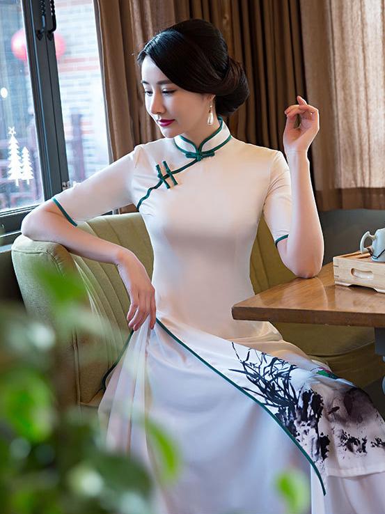 Ink&Lotus Print Stand-collar Ao Dai Long Cheongsam