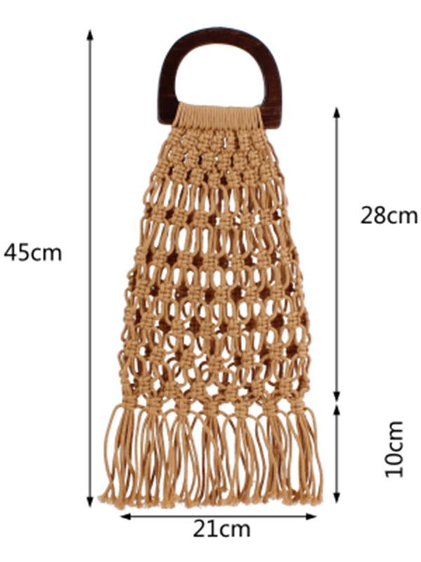 Fishing Net Wooden Handle Tasseled Tote Bag