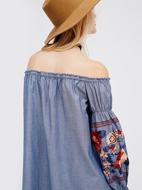 Open Shoulder Long Sleeves Mini Dress with Floral Print