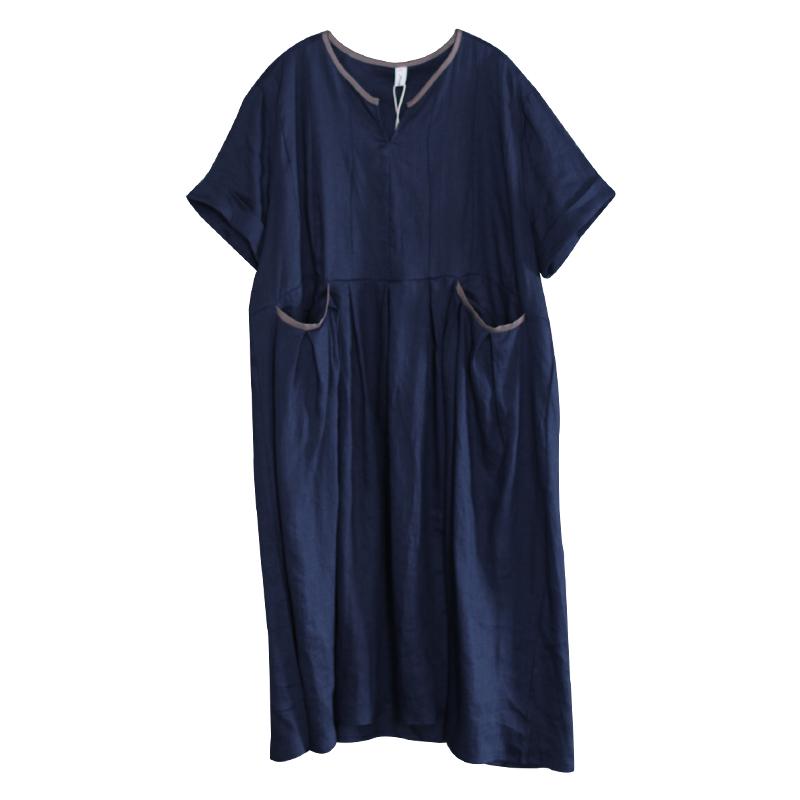 V-Neck Pleated Solid Color Loose Dress
