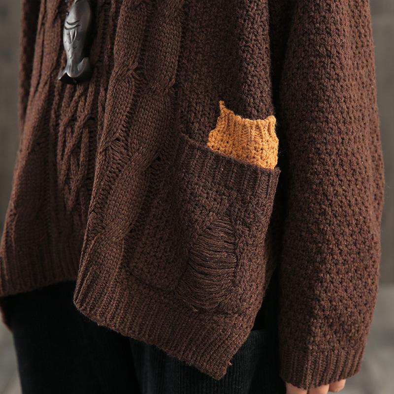 V-Neck Pullover Contrast Color Loose Sweater