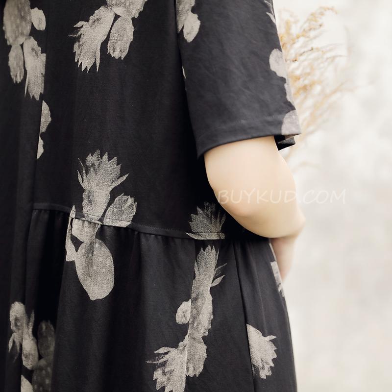 V-neck Loose Print Cotton Casual Summer Dress