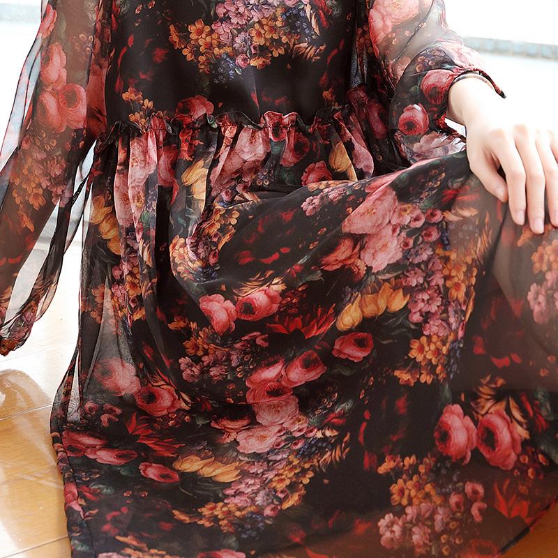 Vintage Chiffon Loose Floral Hollow Women Midi Dress