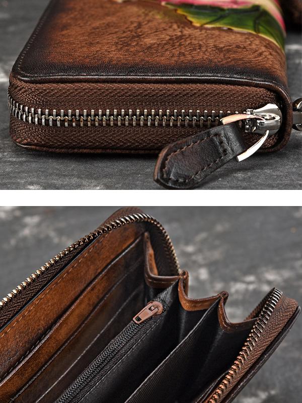 Vintage Leather Hand-Made Zipper Clutch Handbag