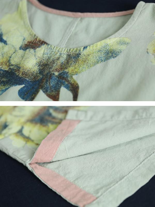 Vintage Print Flower Loose Midi Cotton Dress