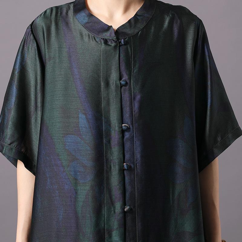 Vintage Print Stand Collar Short Sleeve Coat