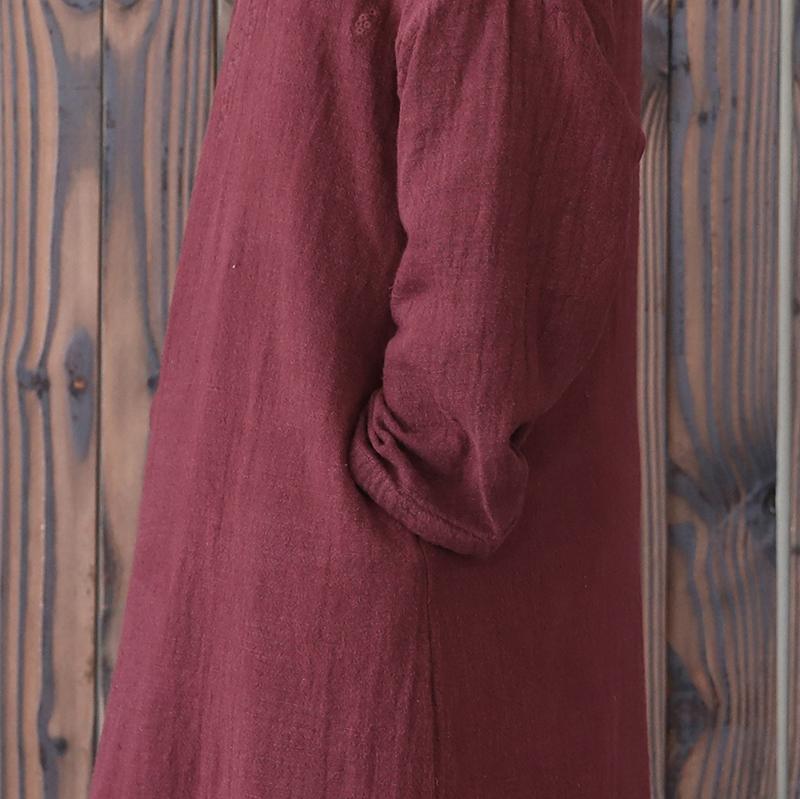 Vintage Women Long Sleeve Lacing Embroidered Wine Red Coat