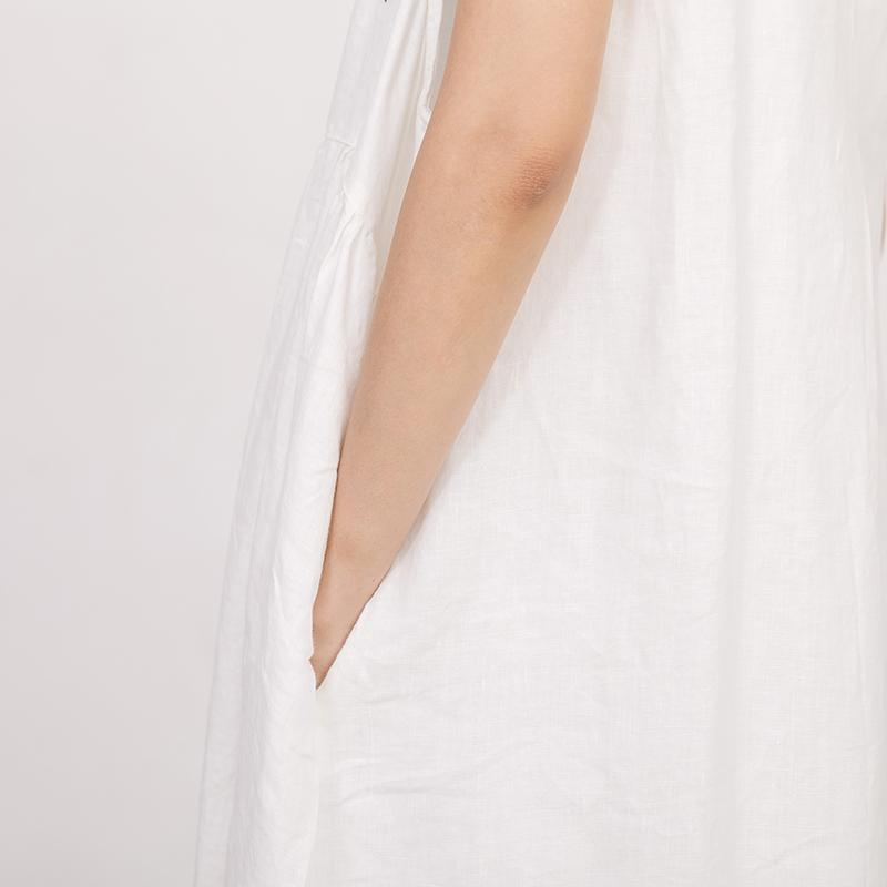White Summer Sleeveless Embroidered Linen Dress