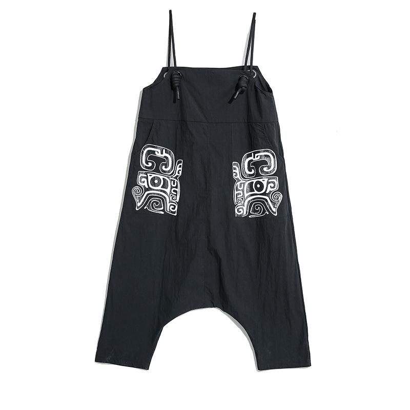 Women Cool Loose Black Print Overalls