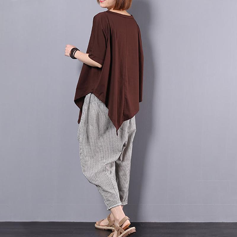 Women Cotton Irregular Hem Solid Color Loose Shirt